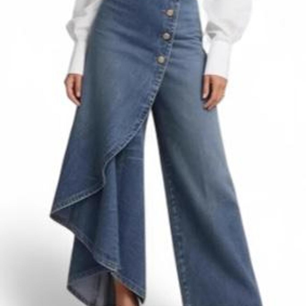 UOOZEE High Waisted Irregularity Buttoned Layered Jeans with Pockets